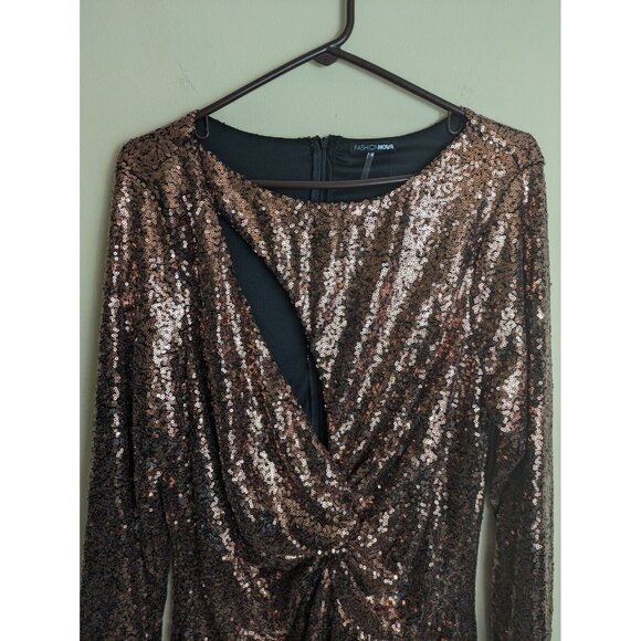 NWT Fashion Nova plus size 2x bronze sequin long sleeve sexy mini dress - Picture 4 of 13